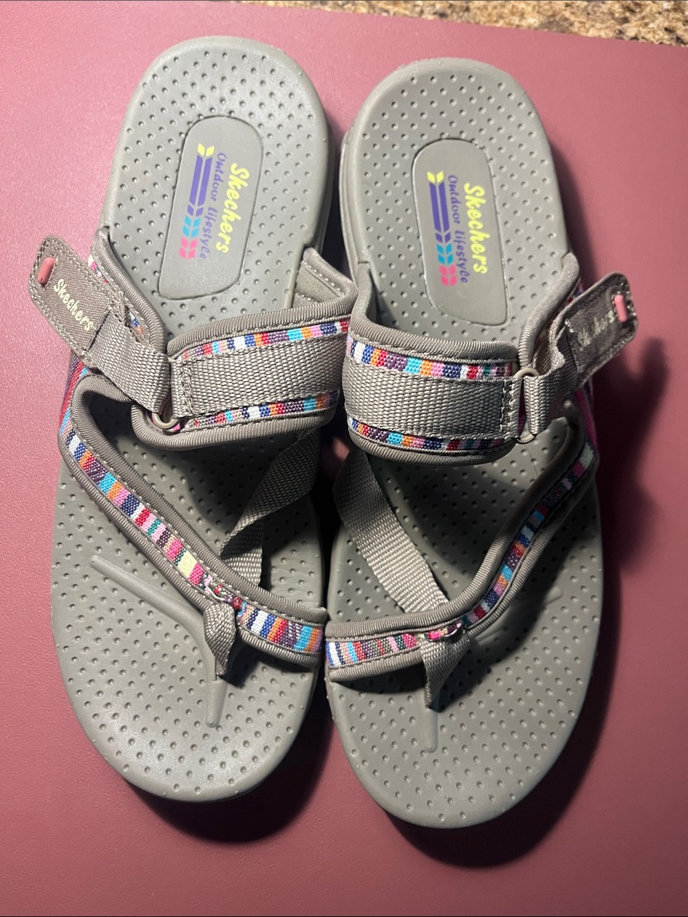 Skechers Gray Sandals with Multicolor Woven Trim NWOT